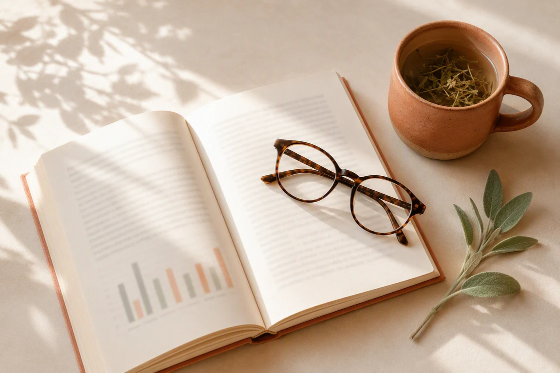Open research journal with reading glasses and a terracotta cup