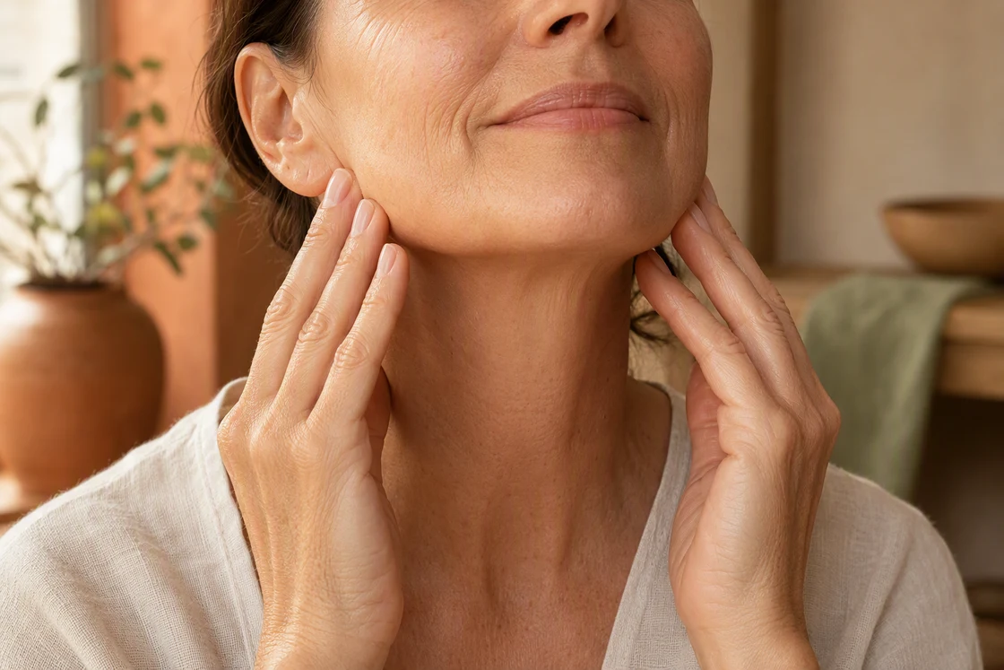 Hands framing the jawline during a facial exercise