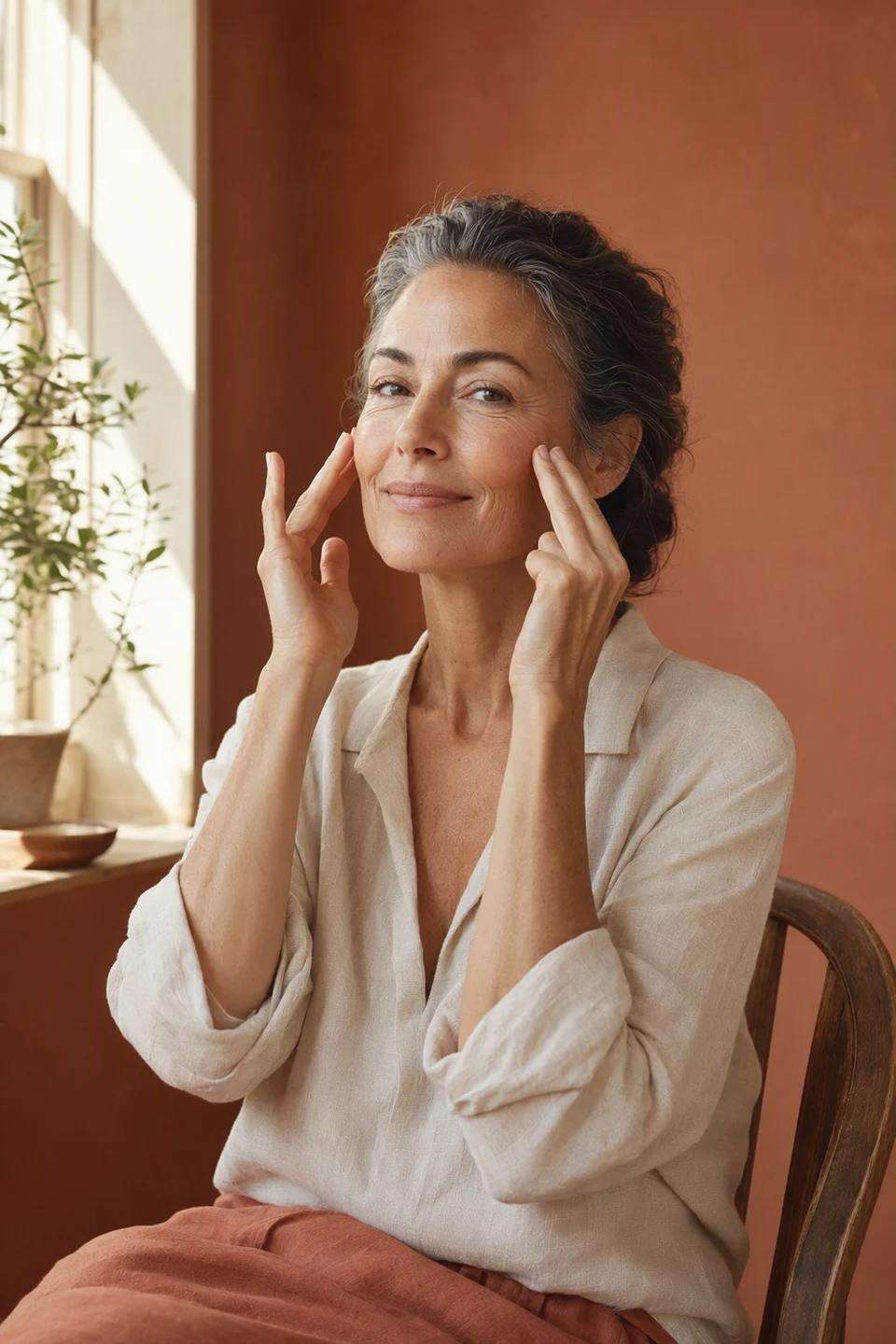 Woman in her fifties doing a cheek lifting facial exercise by a window